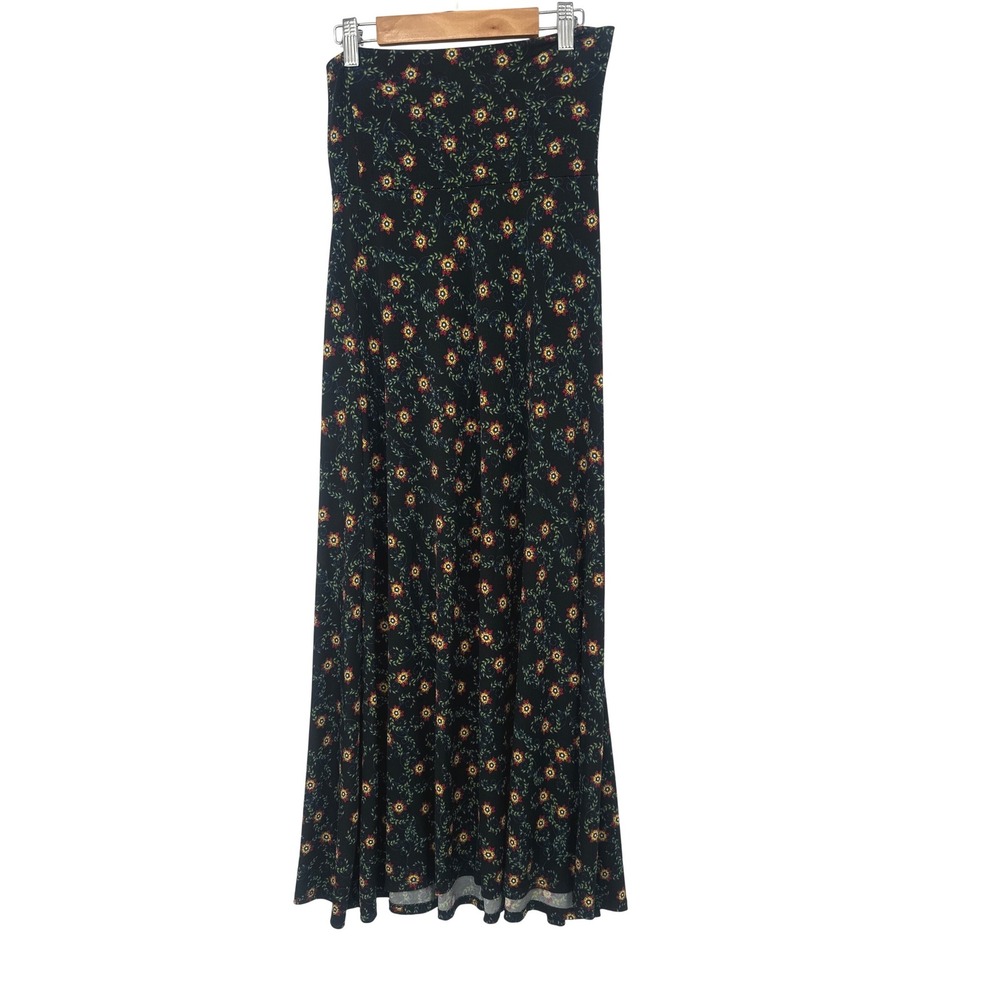 LuLaRoe Maxi Skirt  XXS Black Floral Foldover Waist Boho Long Casual Stretch